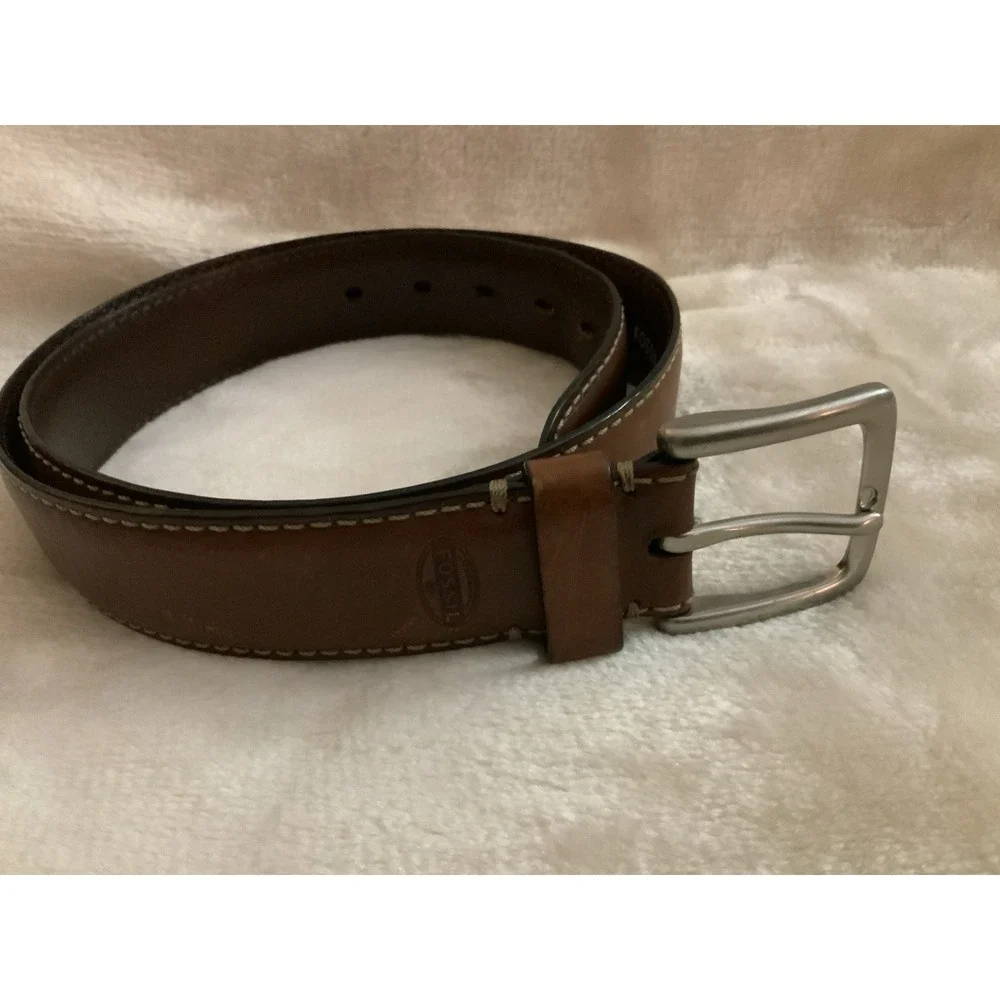 Fossil Brown Leather Belt Contrast Stitching Heavy Duty Buckle Size 36